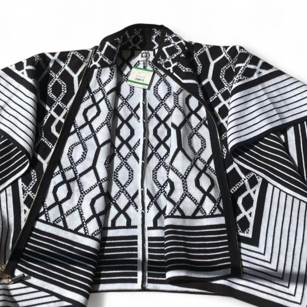 NWT Anne Klein Black White Full Zip Poncho Geometric Sweater Woman's Large - Picture 3 of 8